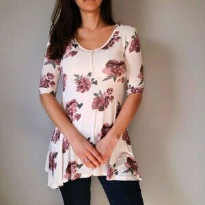 Popular21 White & Pink Floral 1/2 Sleeve Tunic Boutique Top Size Small